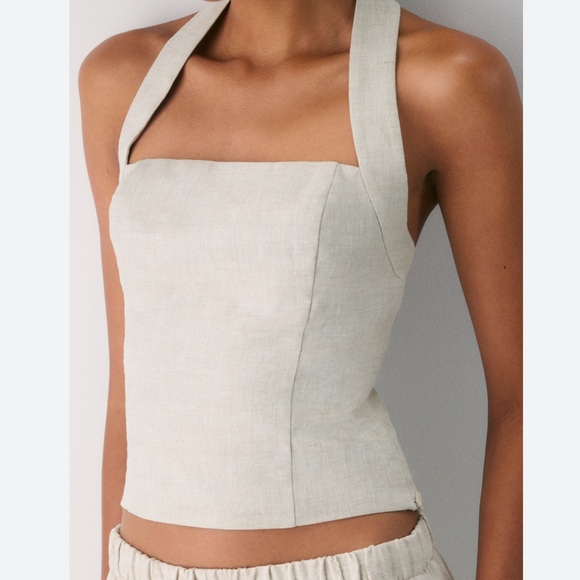 Aritzia Tops - Wilfred Aritzia Organic Linen Halter Crop Top Beige Natural Linen Summer Top 2XS